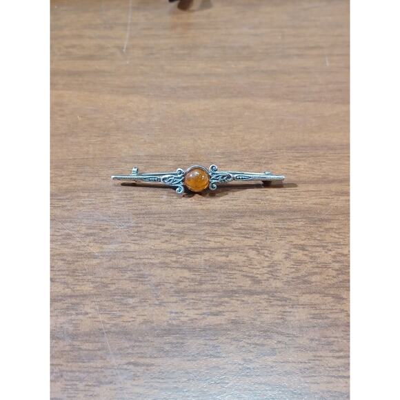 VINTAGE .800 SILVER BROOCH AMBER STONE 3.3 GRAMS - Picture 2 of 8